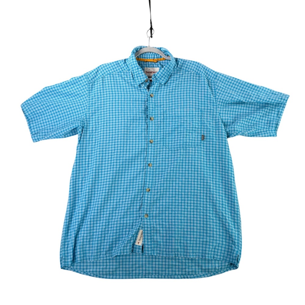 Simms Button Down Shirt Mens XL Blue Plaid Short Sleeve Fishing Performance
